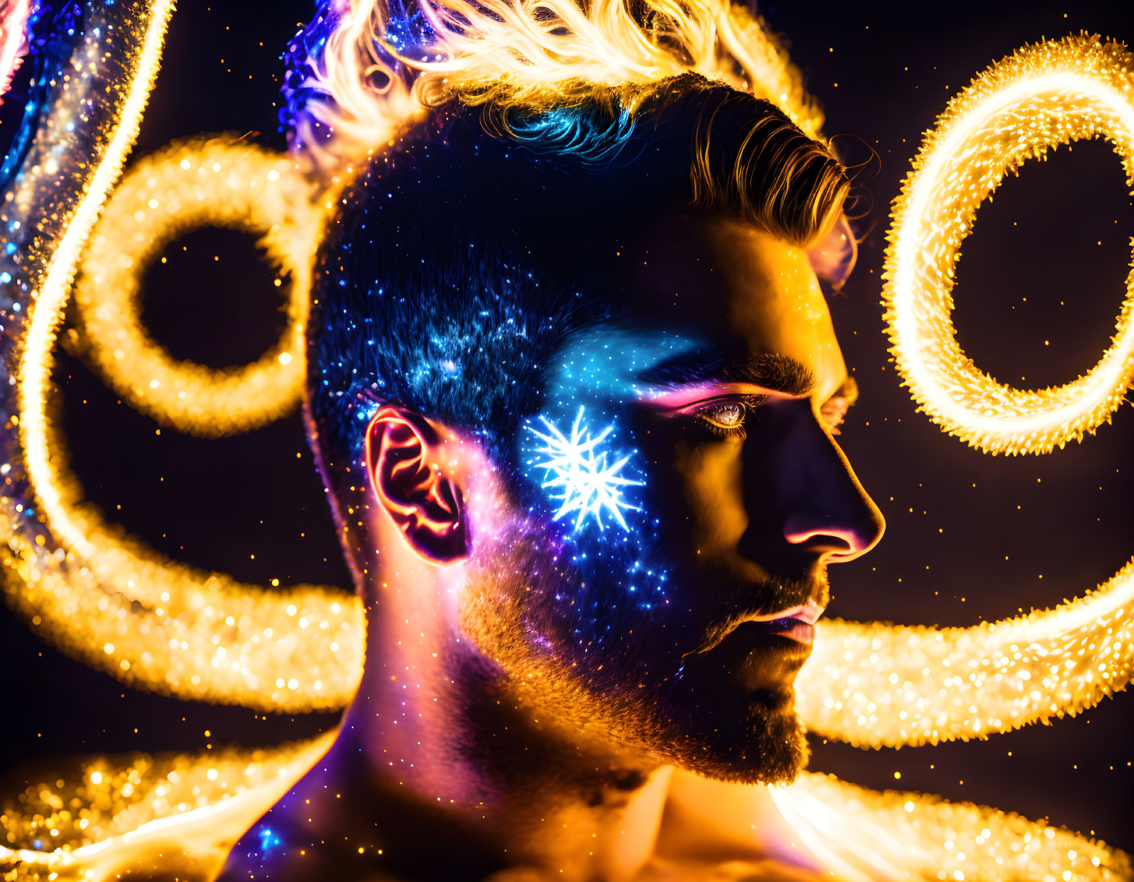 Glowing face paint man with illuminated spirals background