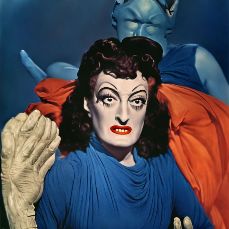 Exaggerated costumed characters from classic film in blue and orange costumes.