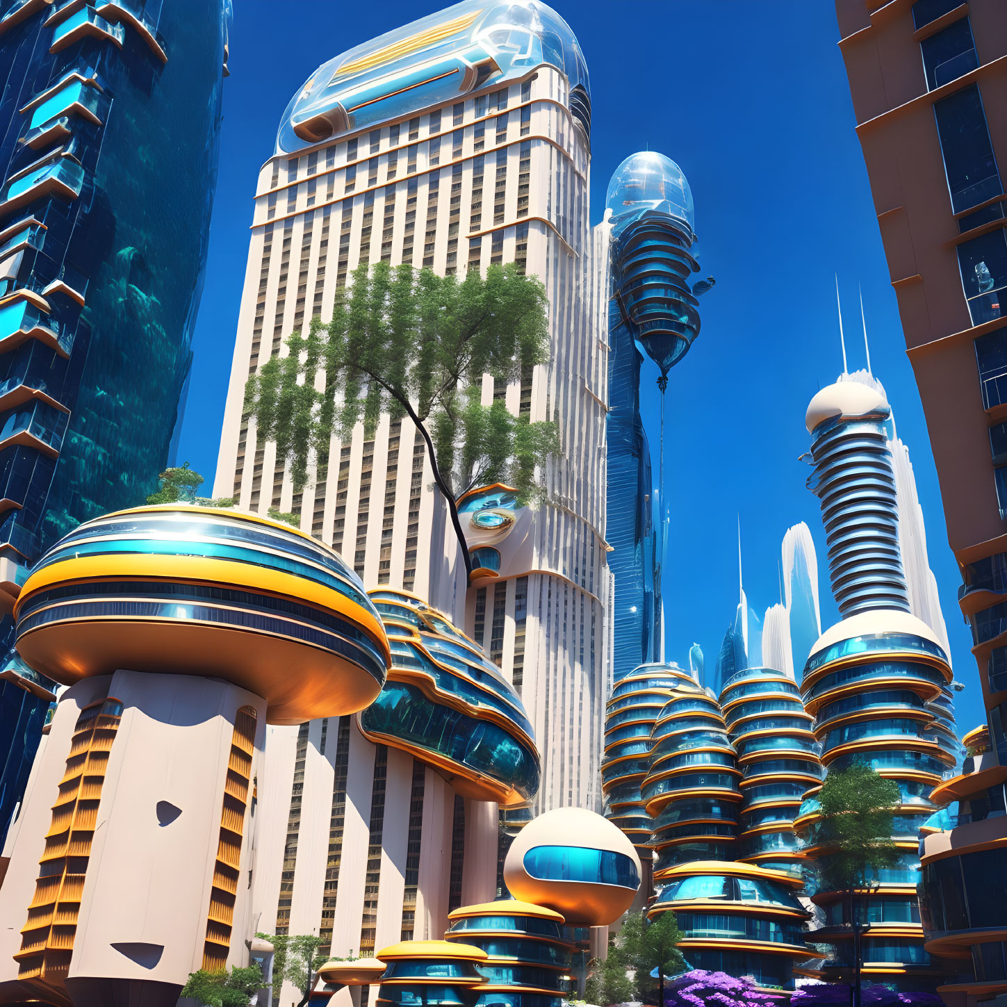 Modern cityscape featuring tall skyscrapers, sleek designs, and greenery.