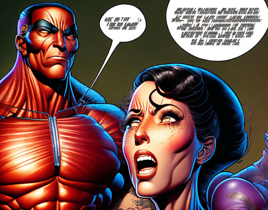 Vibrant comic book art: Muscular man in red armor confronts intense woman with dark hair