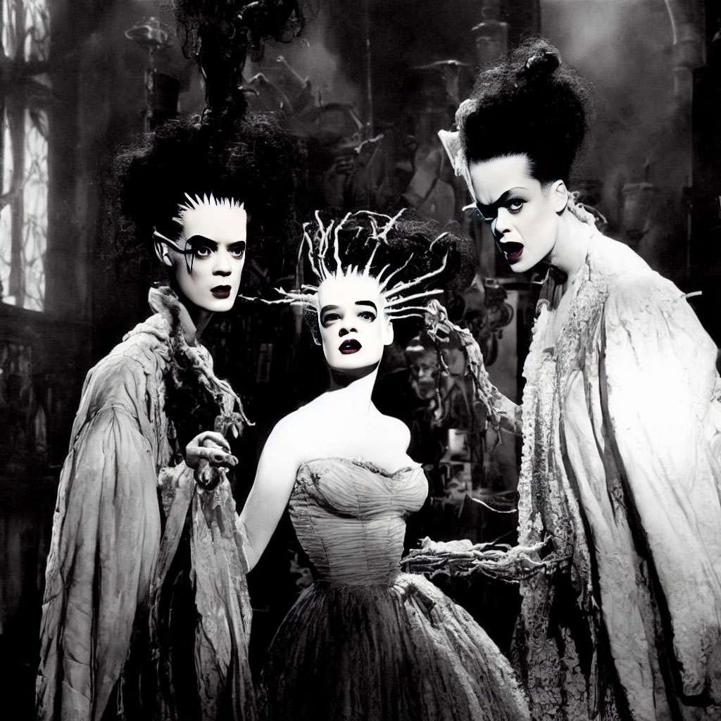 Three Women in Elaborate Gothic Makeup and Vintage Clothing in Spooky Room