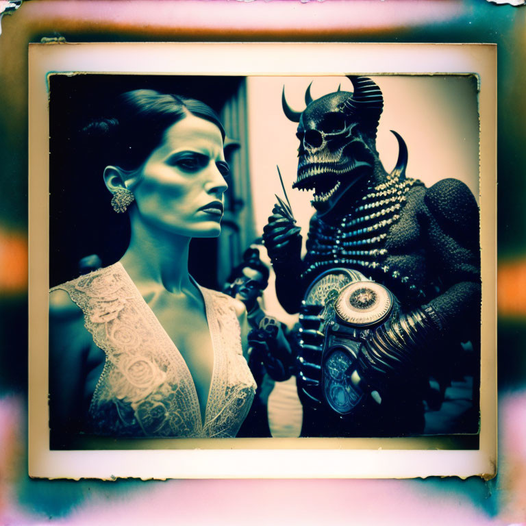 Woman in elegant attire gazes beside horned creature in vintage polaroid.