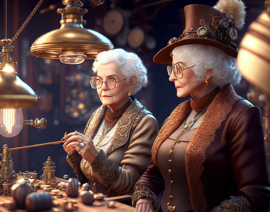 Elderly women in vintage steampunk attire working on mechanical parts surrounded by clocks