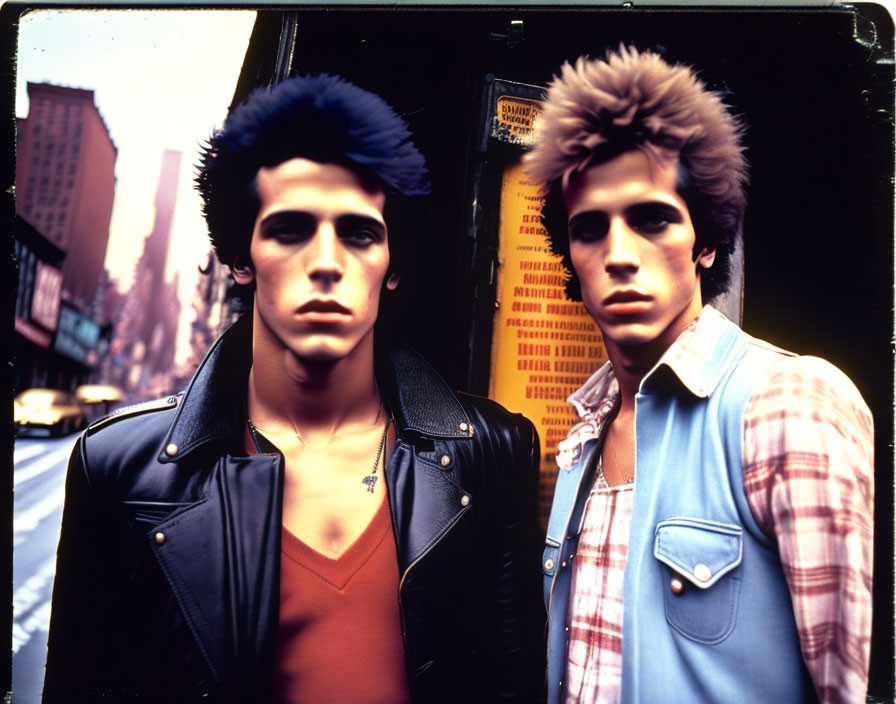 Two young men with punk hairstyles in leather and denim on urban street