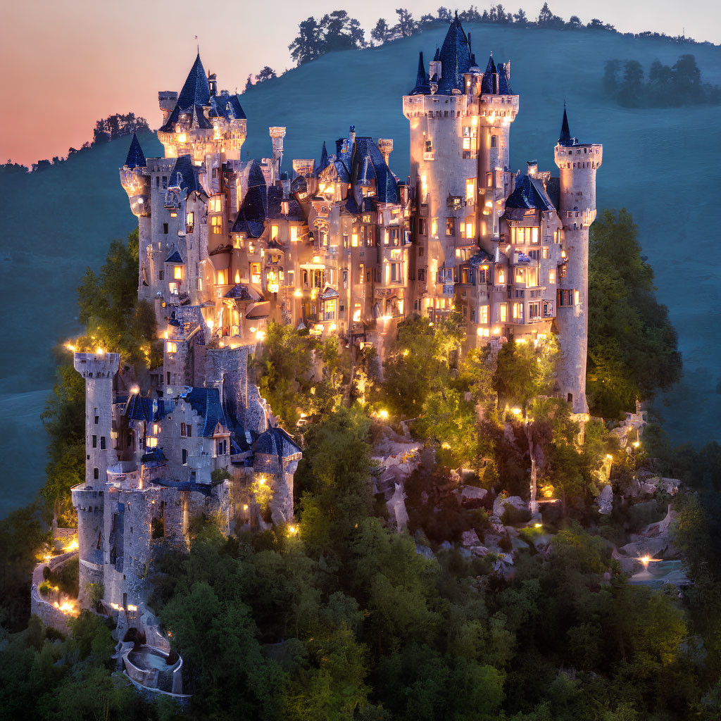 Majestic castle with spires and turrets on verdant hill at dusk