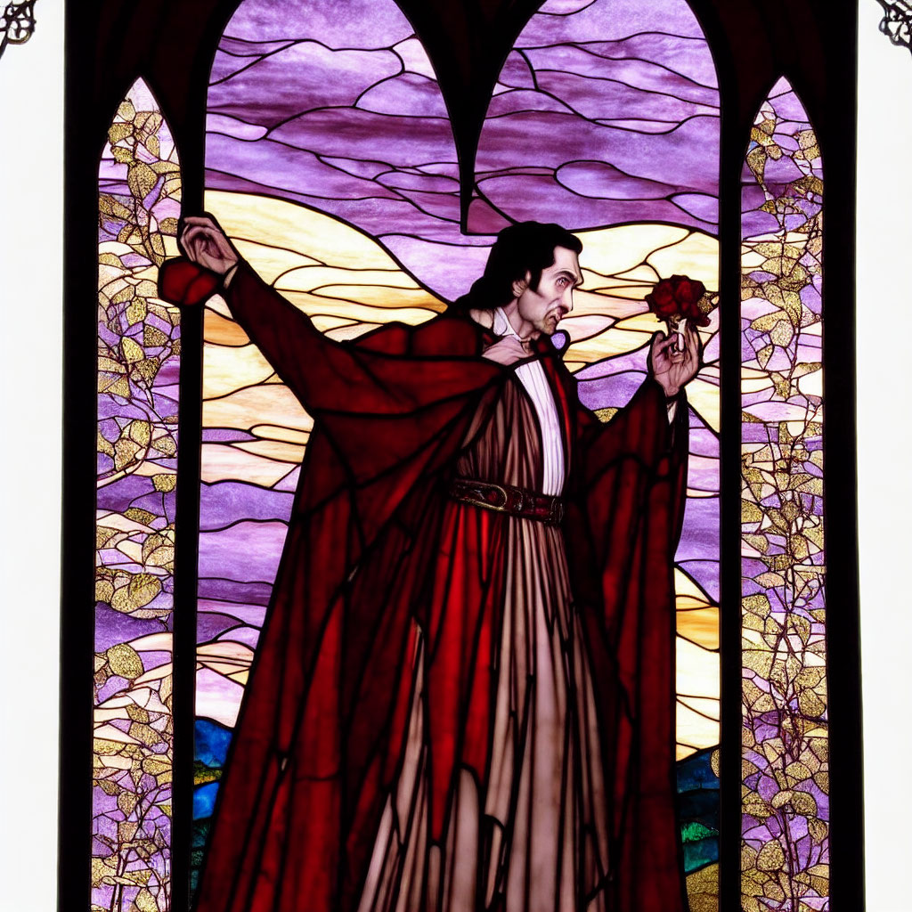 Stained Glass Window with Robed Figure and Rose in Purple Sky