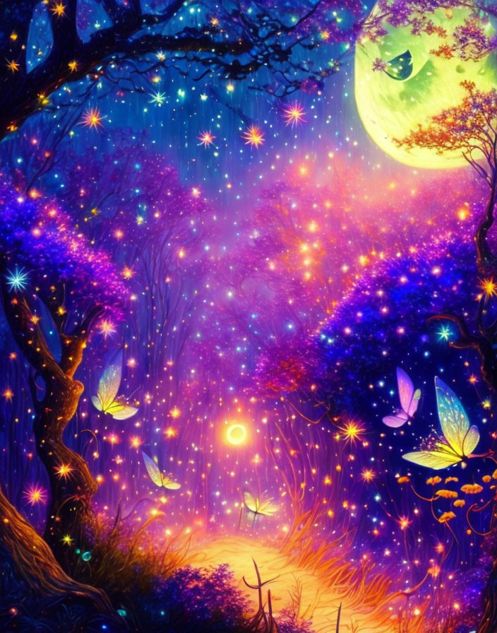 Fantasy scene: Full moon, stars, butterflies, mystical path in enchanted forest