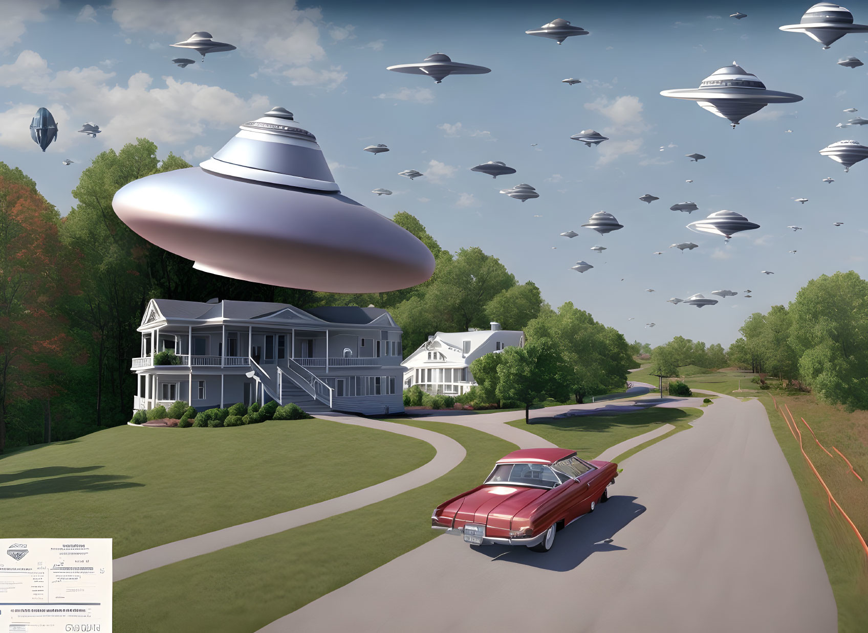 Sunny suburban landscape with flying saucers above houses