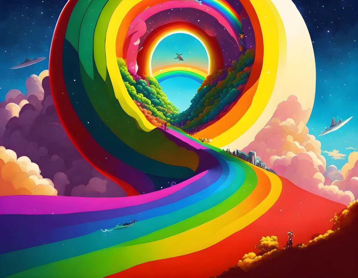 Multicolored rainbow arch over surreal landscape