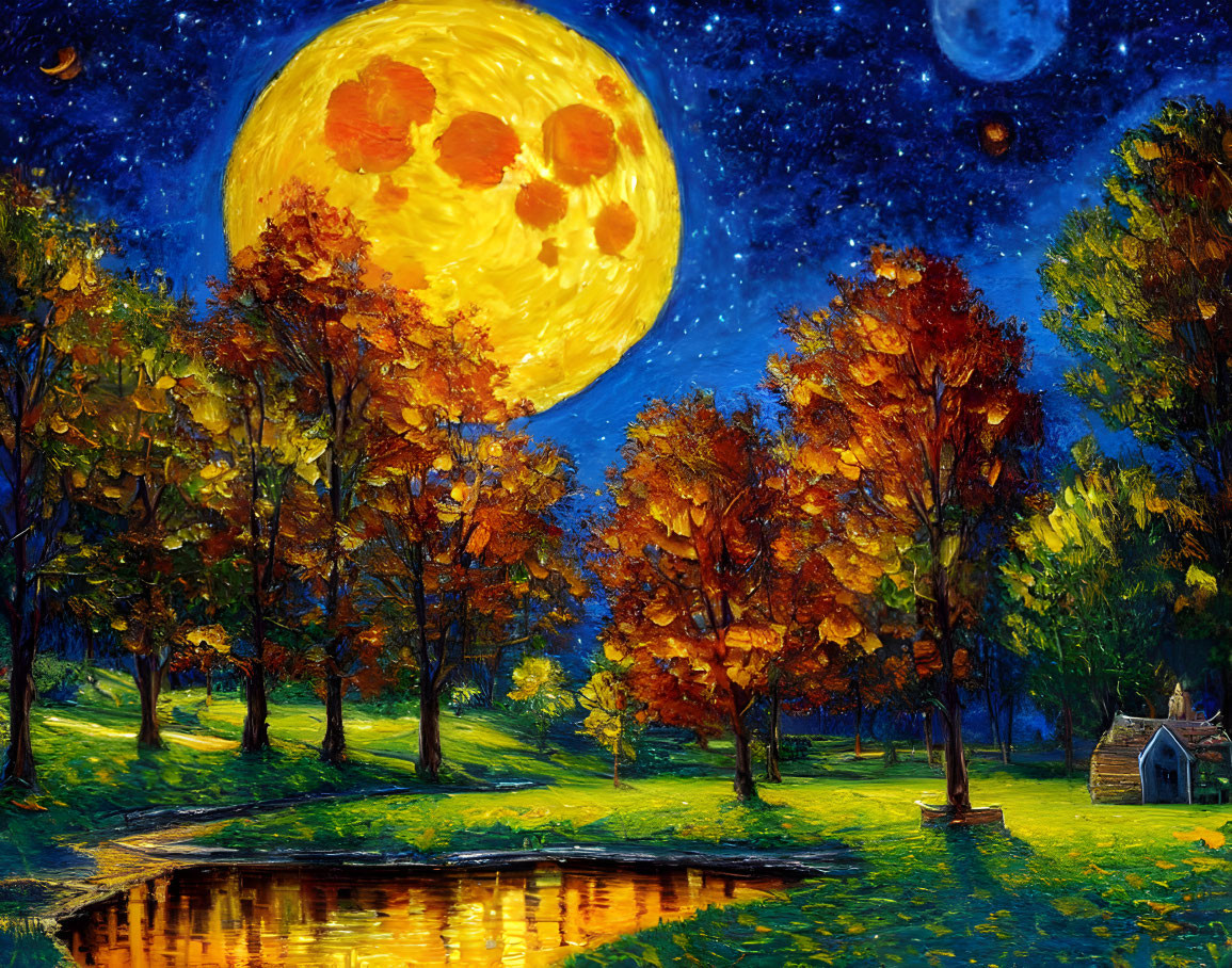 Vibrant woodland night scene with glowing moon and autumn trees