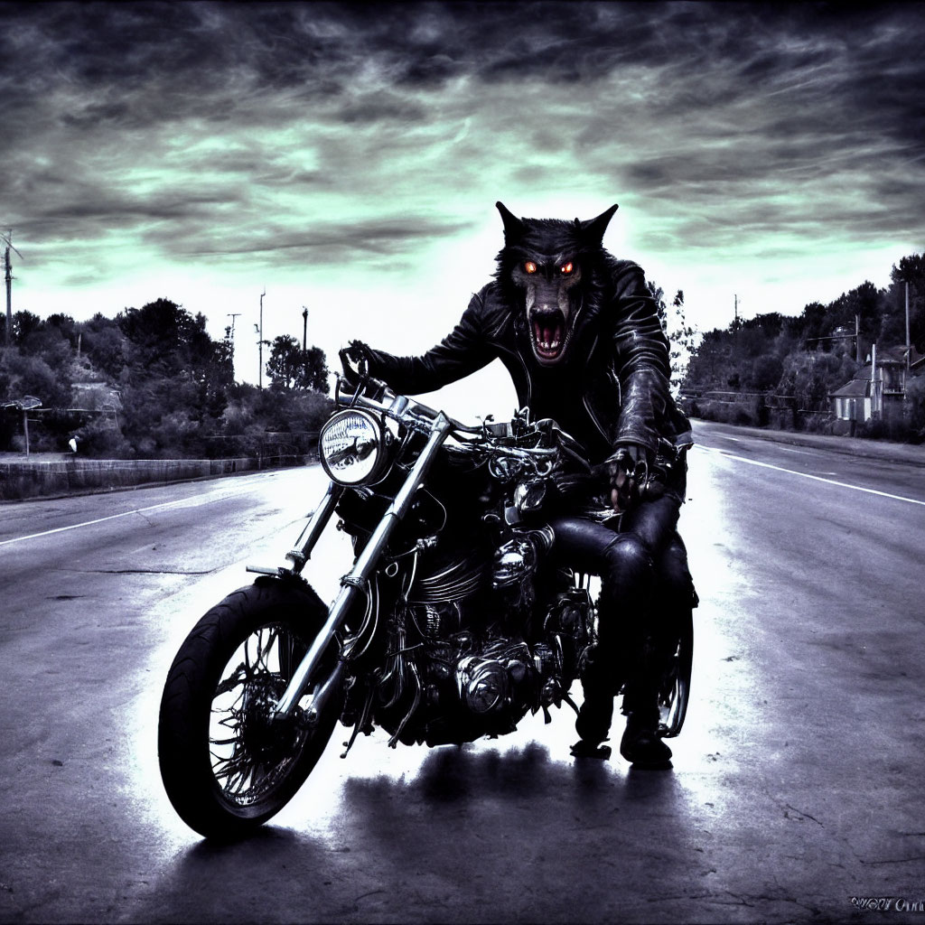 Menacing werewolf on motorcycle under dramatic green sky