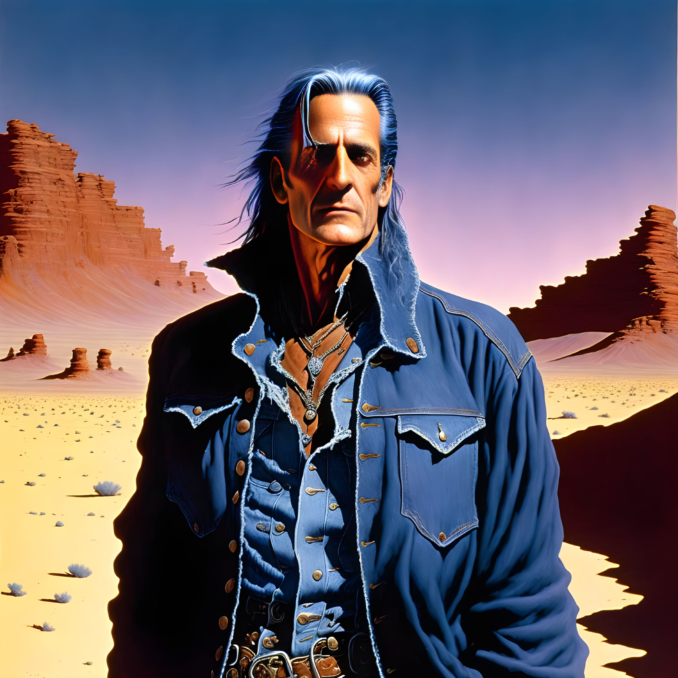 Detailed illustration: older man with white hair in blue colonial jacket in desert landscape