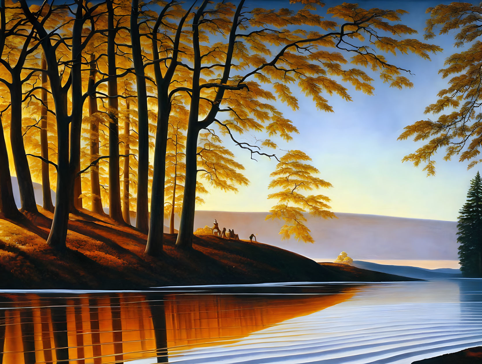 Tranquil autumn forest scene by lake with figure and horse at sunset