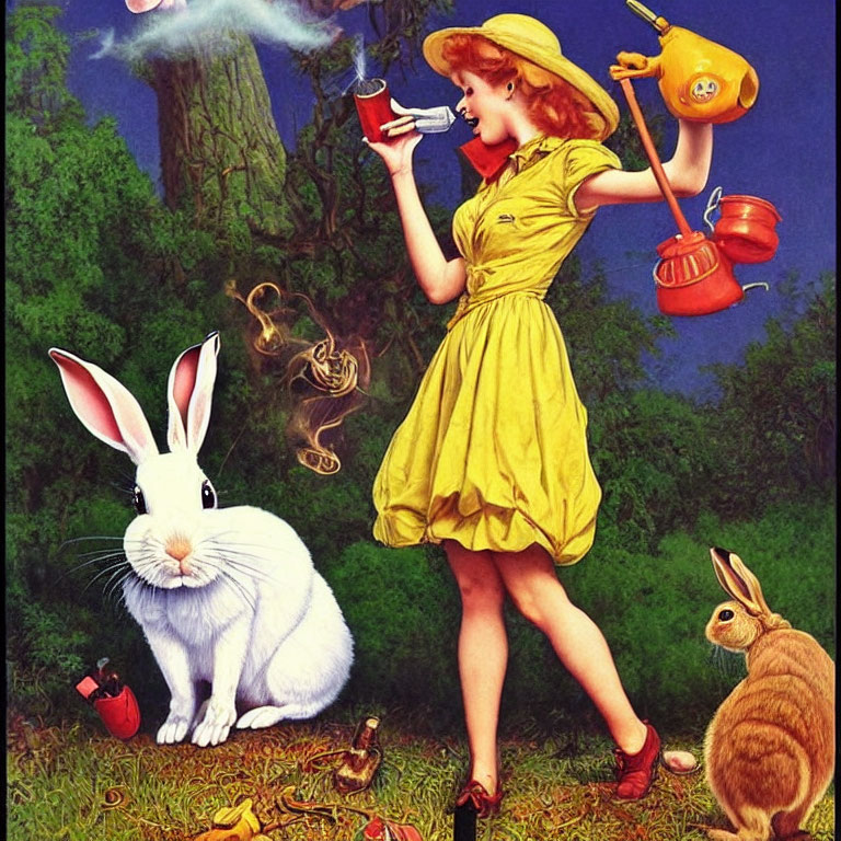 Illustration of girl with teapot, cup, rabbits, teacups, and clock