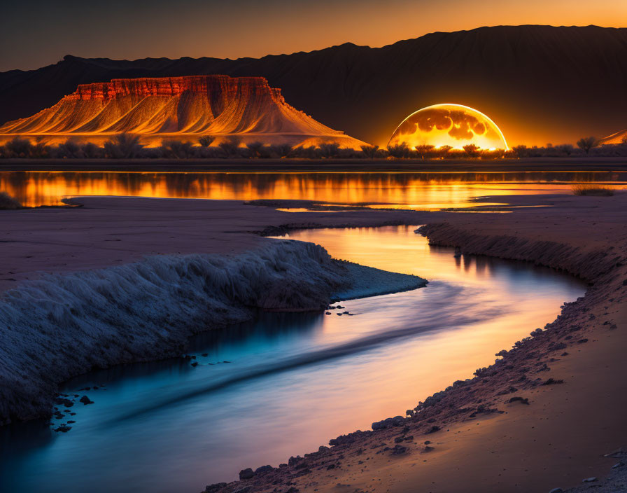 Sunset landscape with glowing orb behind mountain and river reflection.