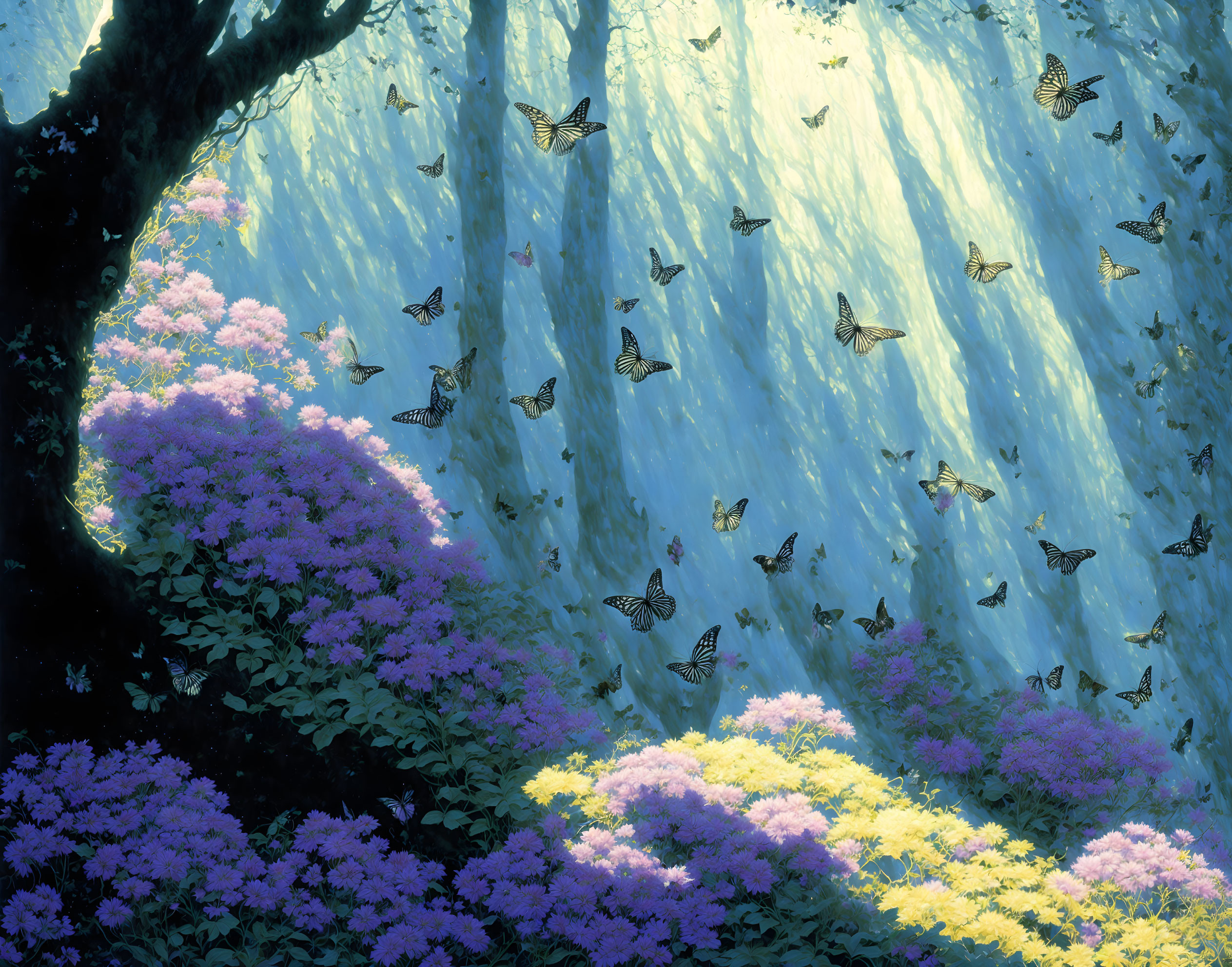 Sunlit forest scene with butterflies, purple flowers, and lush green foliage