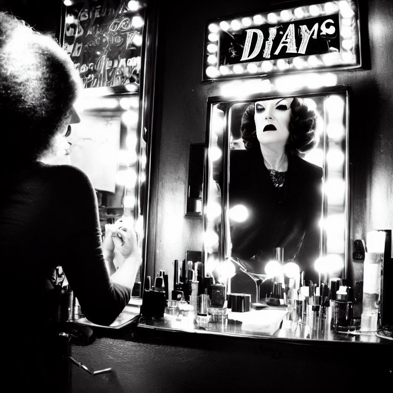 Person applying makeup in a room with neon sign and light bulbs