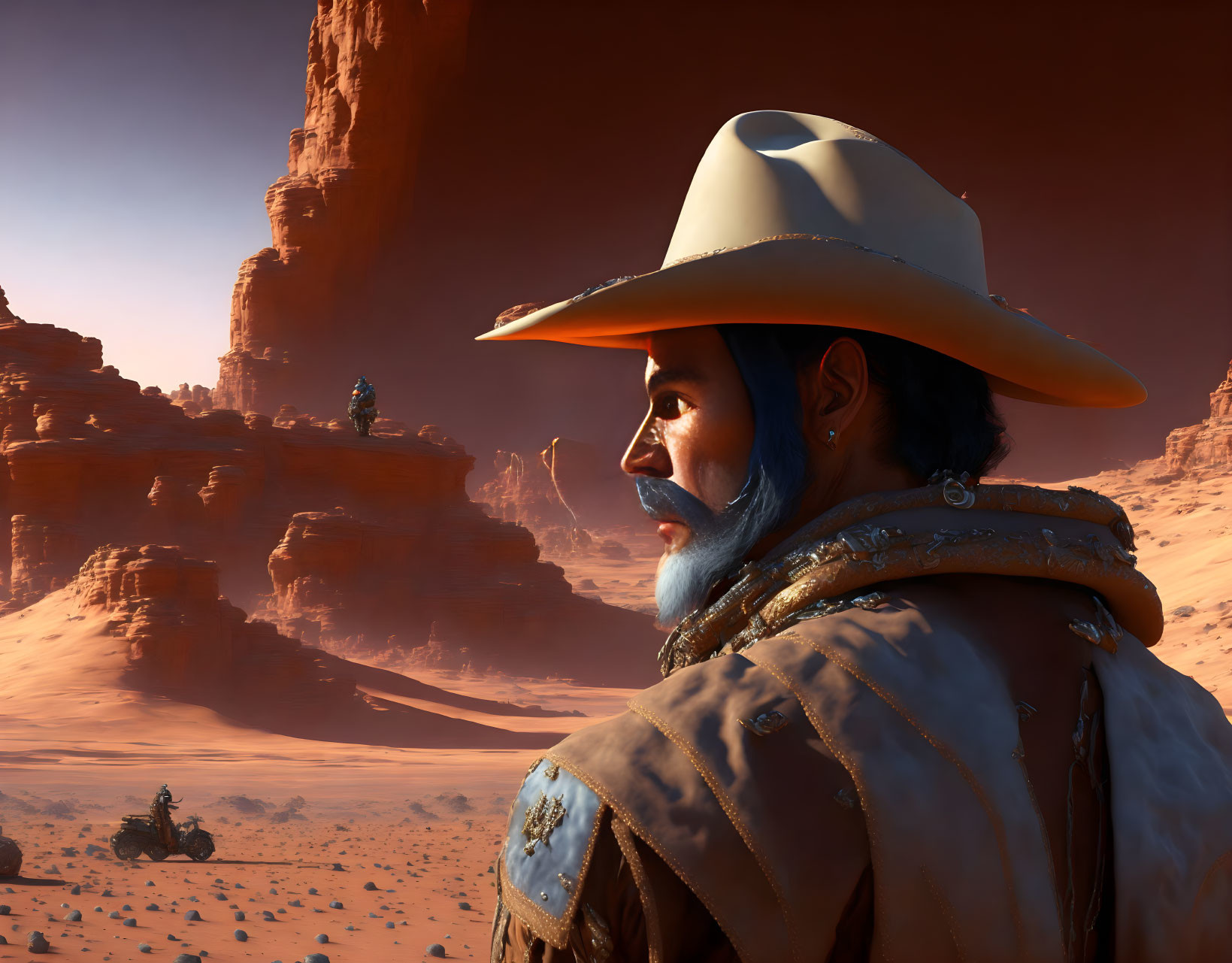 Bearded cowboy in wide-brimmed hat surveys desert landscape