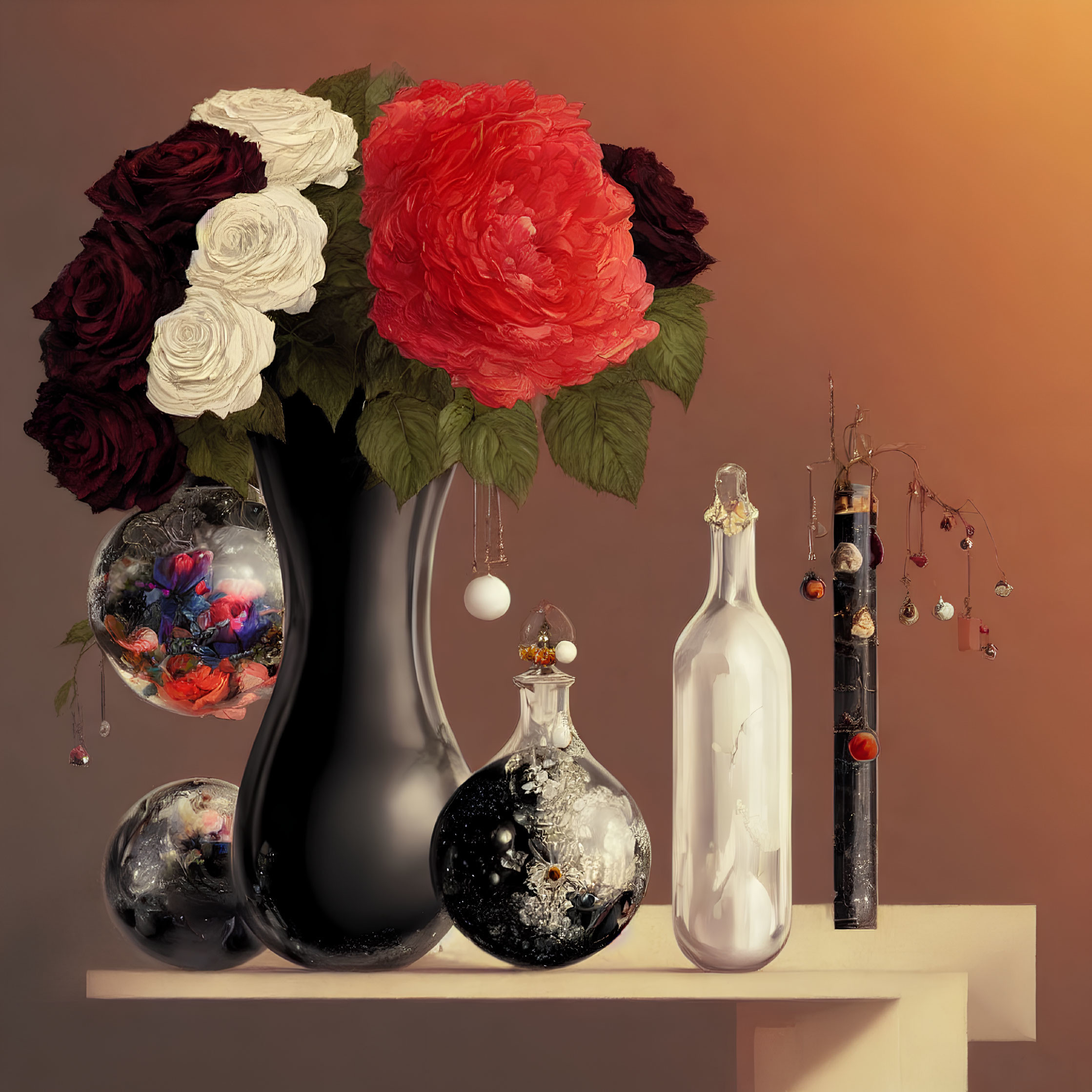 Black vase with red and white roses on shelf against orange backdrop