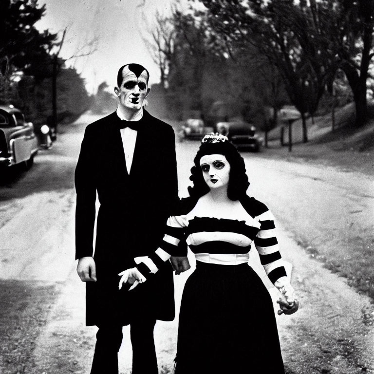 Black-and-white makeup 1930s film characters as groom and bride holding hands on suburban road