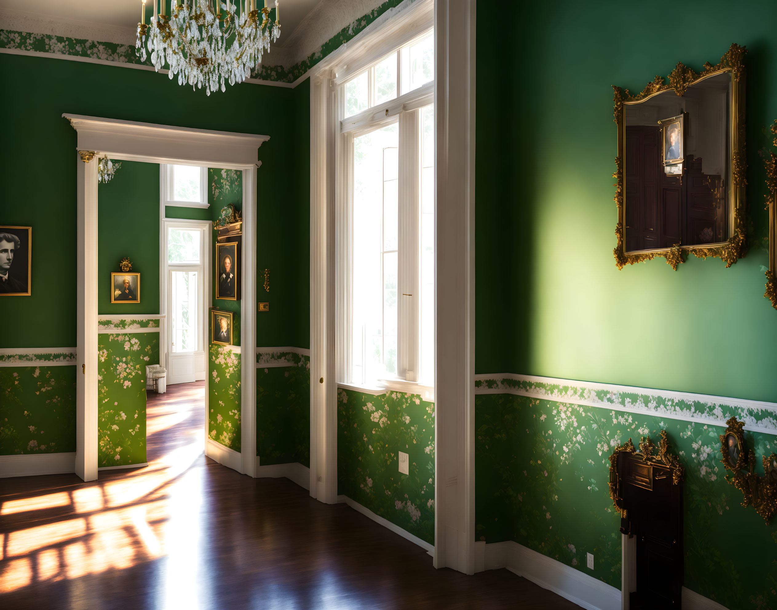 Green walls, white trim, wooden floors: Elegant interior room with crystal chandelier and wall paintings