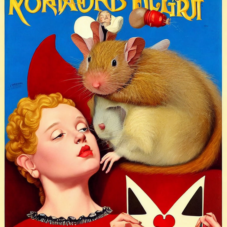 Vintage-style illustration of woman with red hat and rat, surrounded by cartoonish characters.