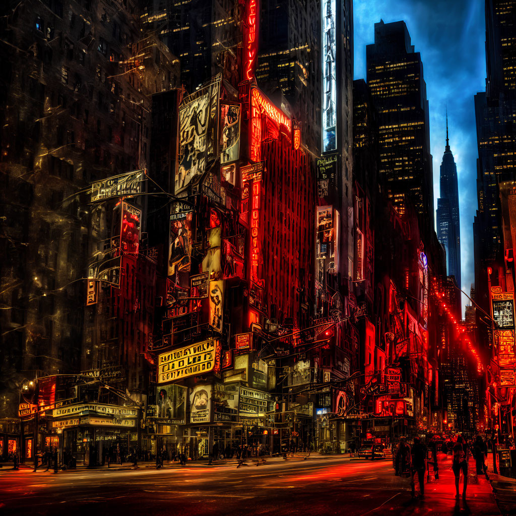 Neon-lit city street at night with billboards & pedestrians