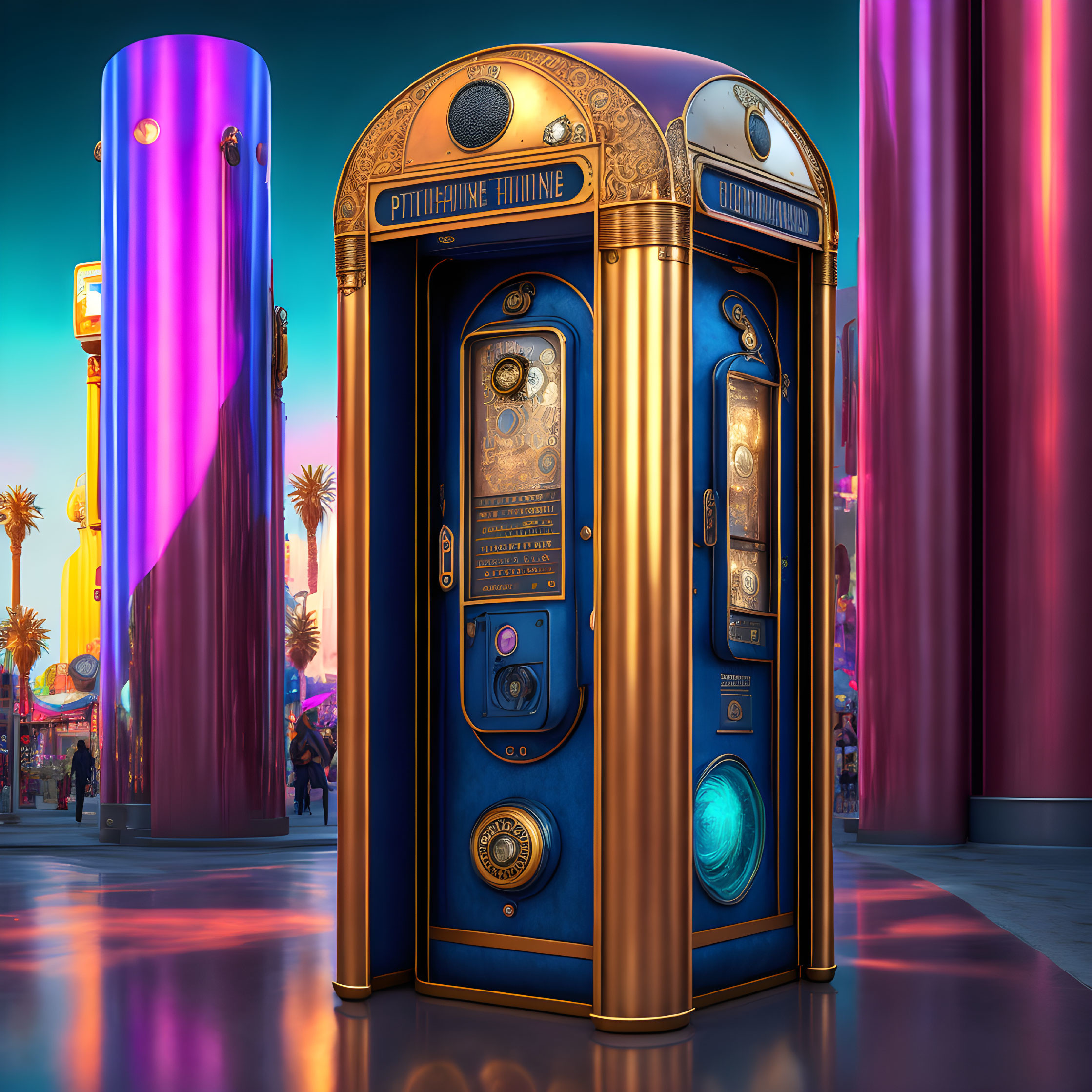 Futuristic blue phone booth with gold designs on twilight street