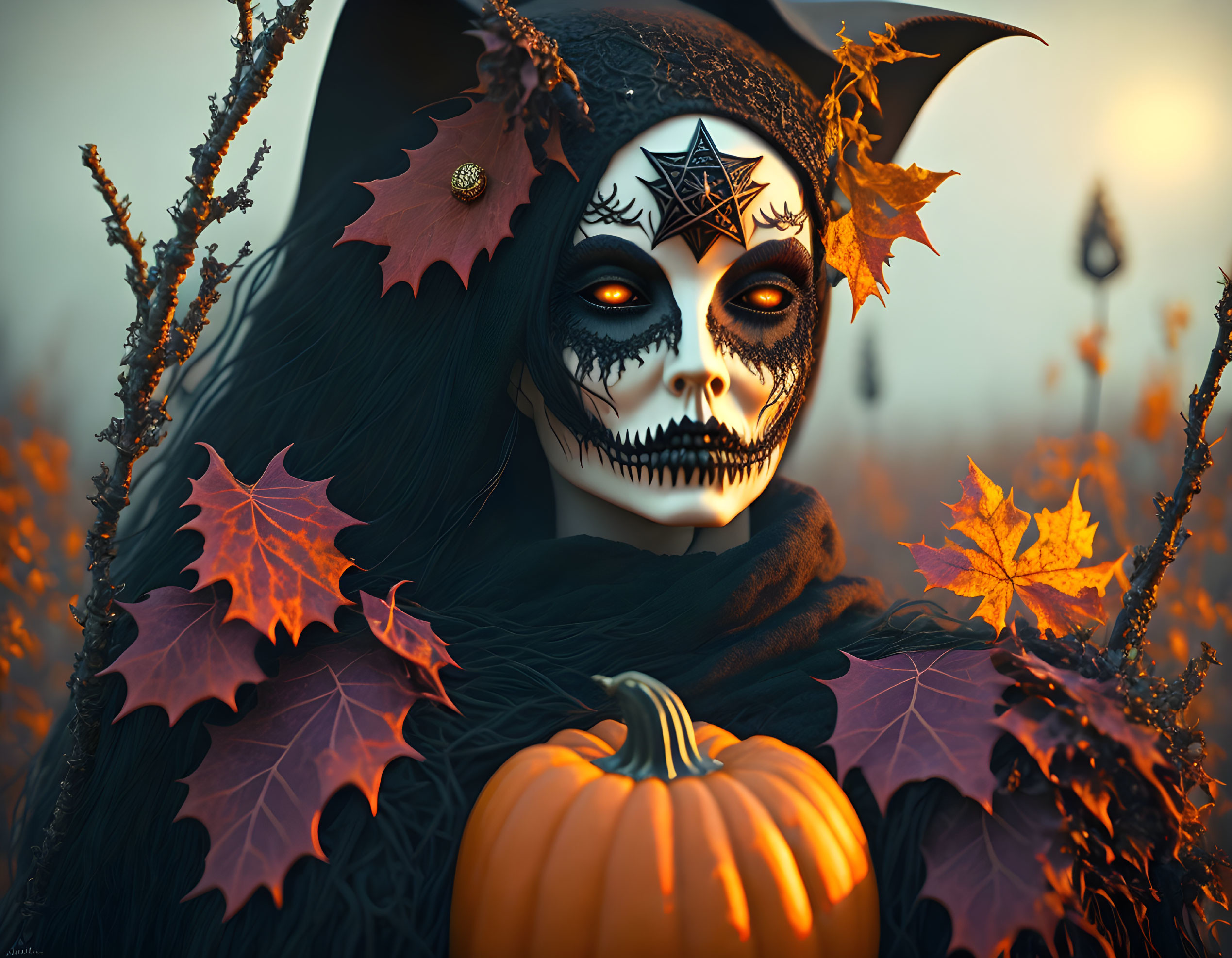 Person in skeletal makeup with pumpkin in autumn setting.