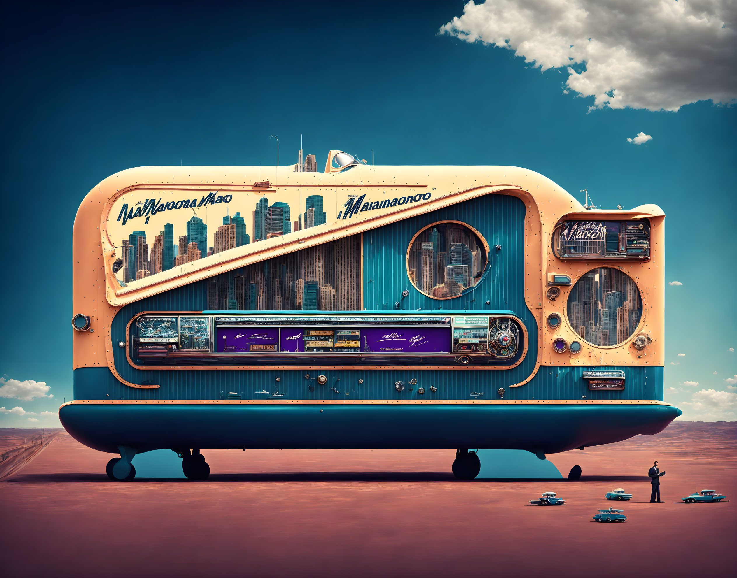 Retro-futuristic bus design floating over desert landscape