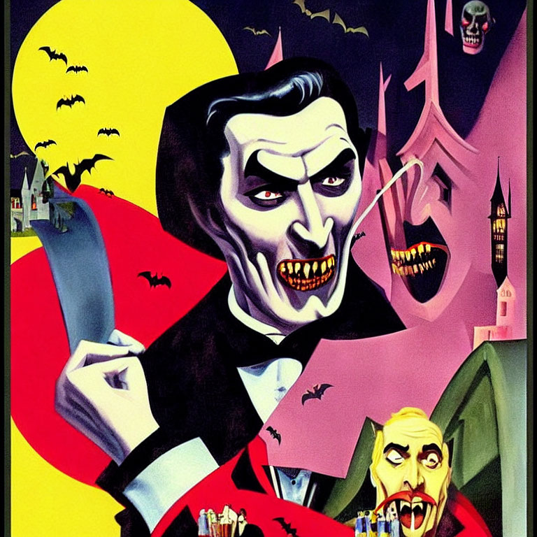 Vibrant vampire artwork with bats, skull, and scared man.