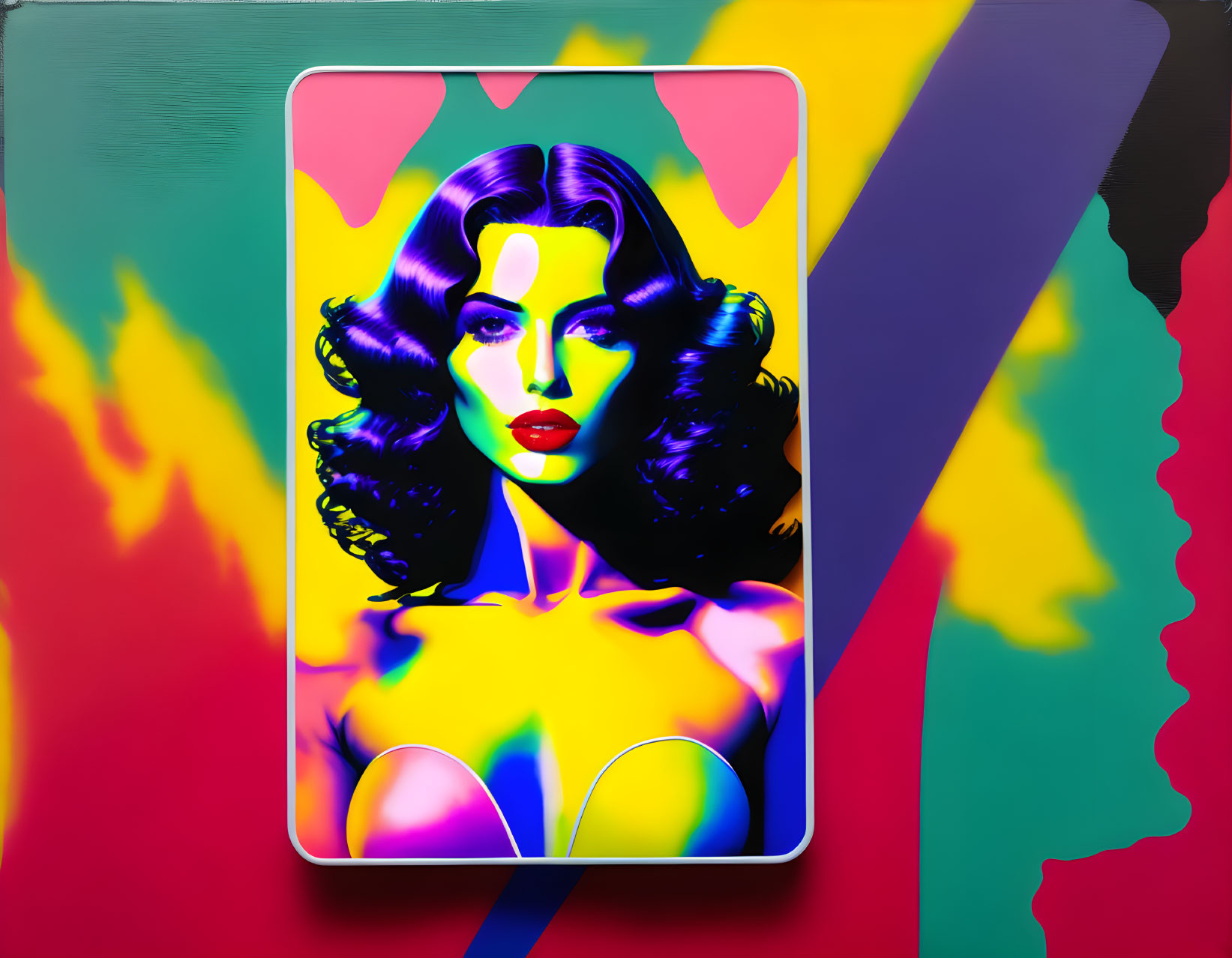 Vibrant pop art portrait of woman with wavy hair on smartphone screen