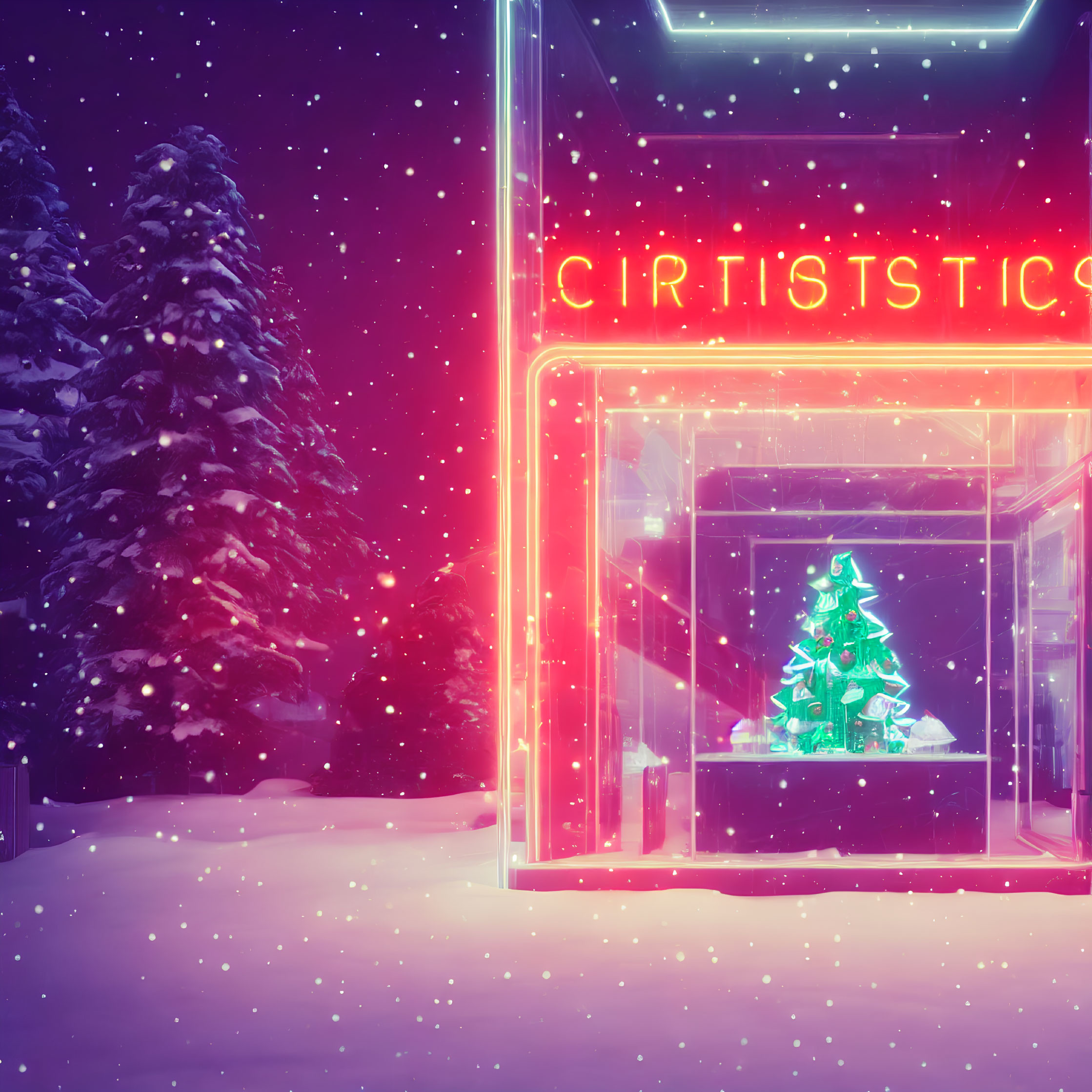 Neon-lit shop with Christmas tree in snowy night