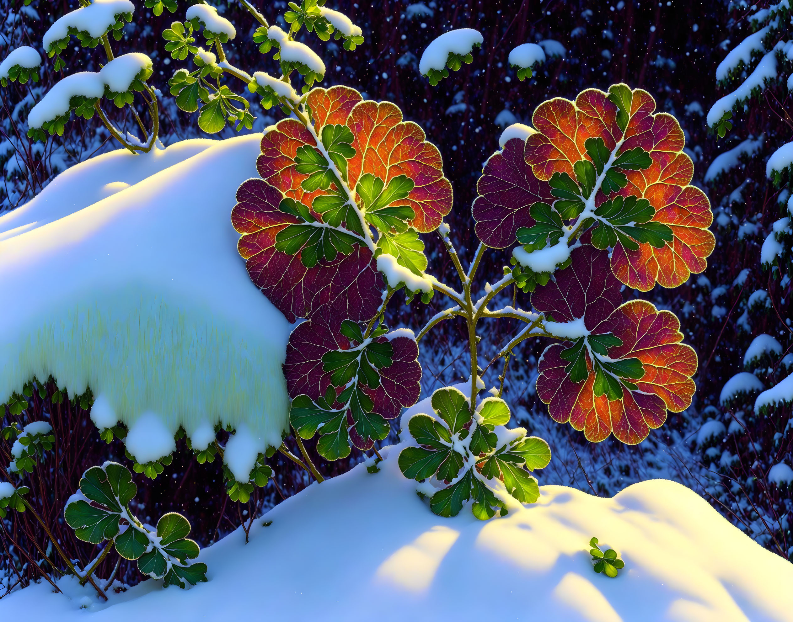 Vibrant leaves against snowy twilight backdrop with falling snowflakes