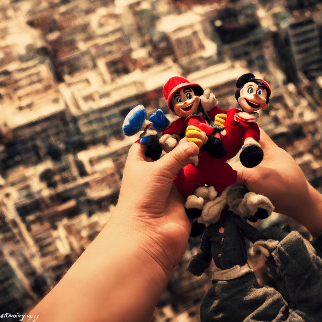 Plush Mario and Luigi toys against cityscape backdrop