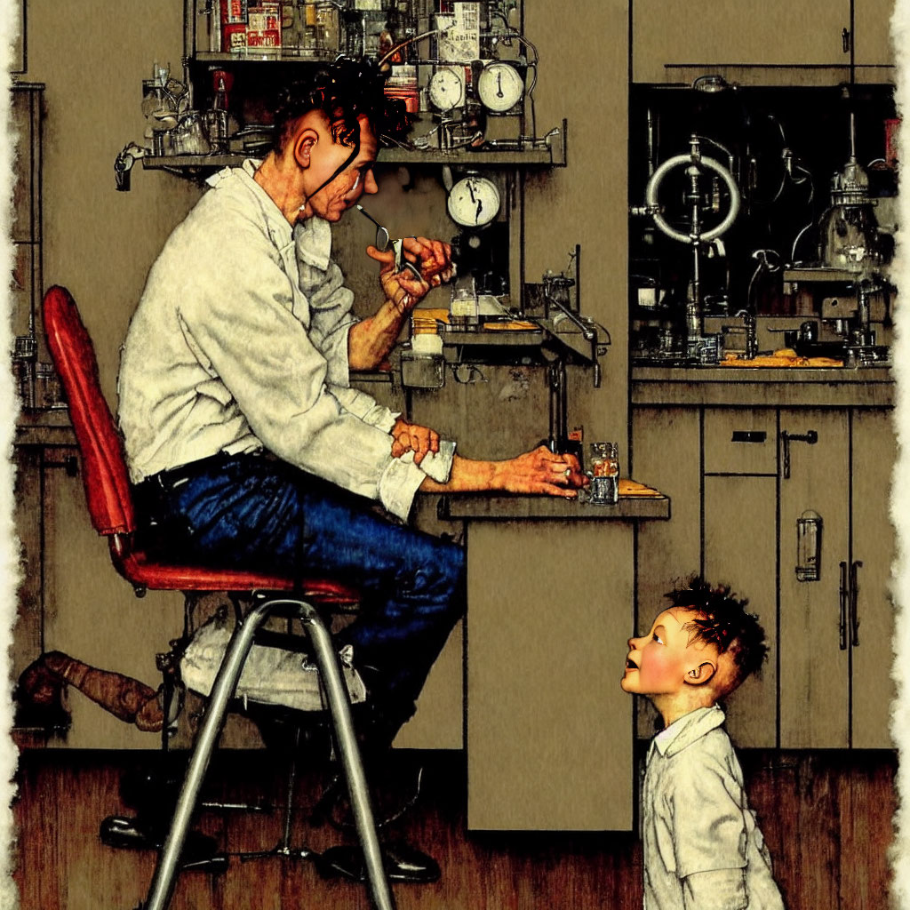 Adult and child in vintage laboratory setting, adult working on apparatus while child observes.