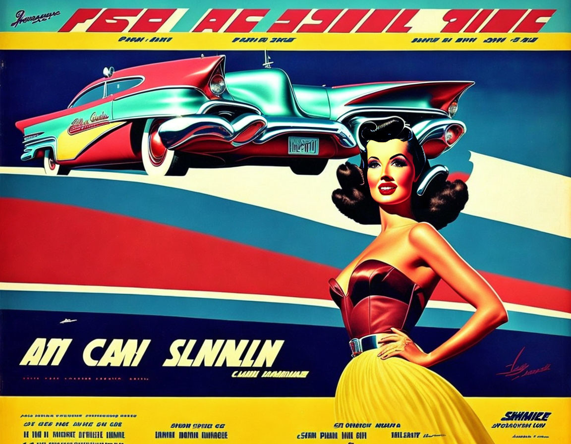 Vintage illustration: Red and blue car, woman in yellow dress, black hair; retro futuristic aesthetic with