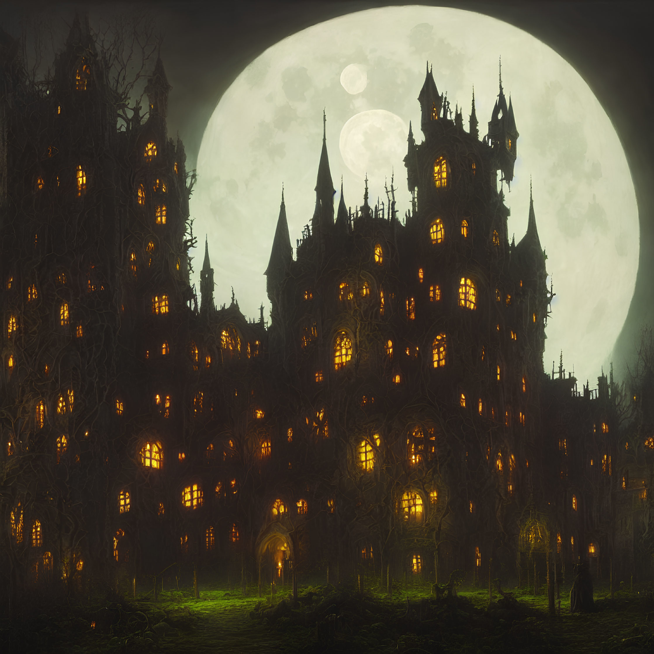 Gothic castle under full moon in misty forest