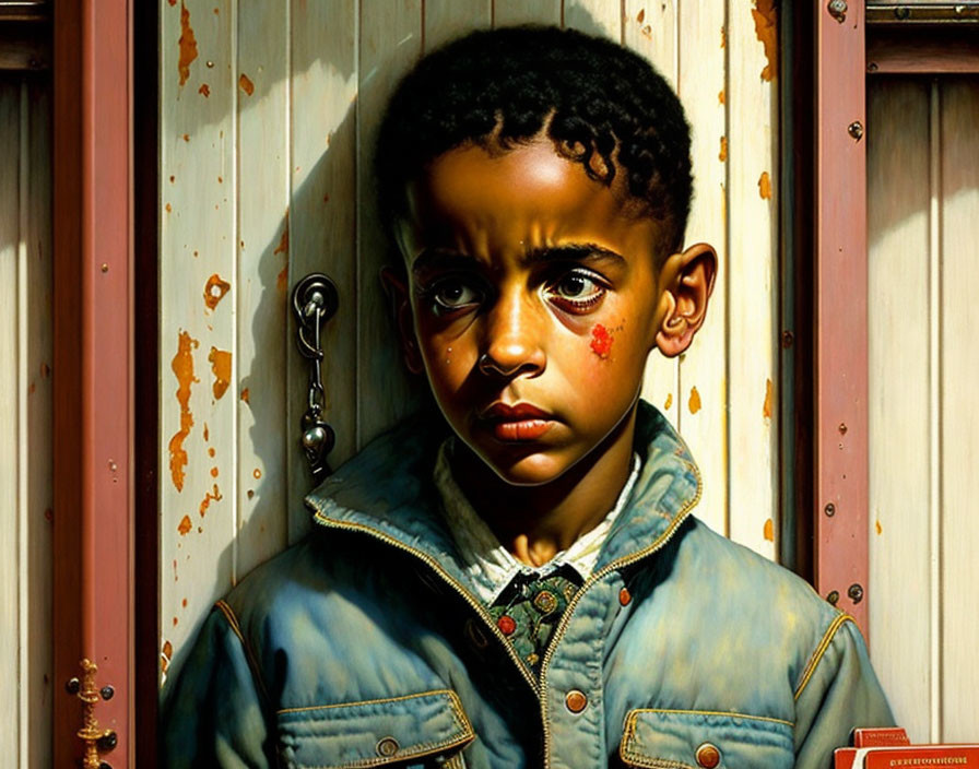 Young boy in jean jacket with facial bruise against rustic wall