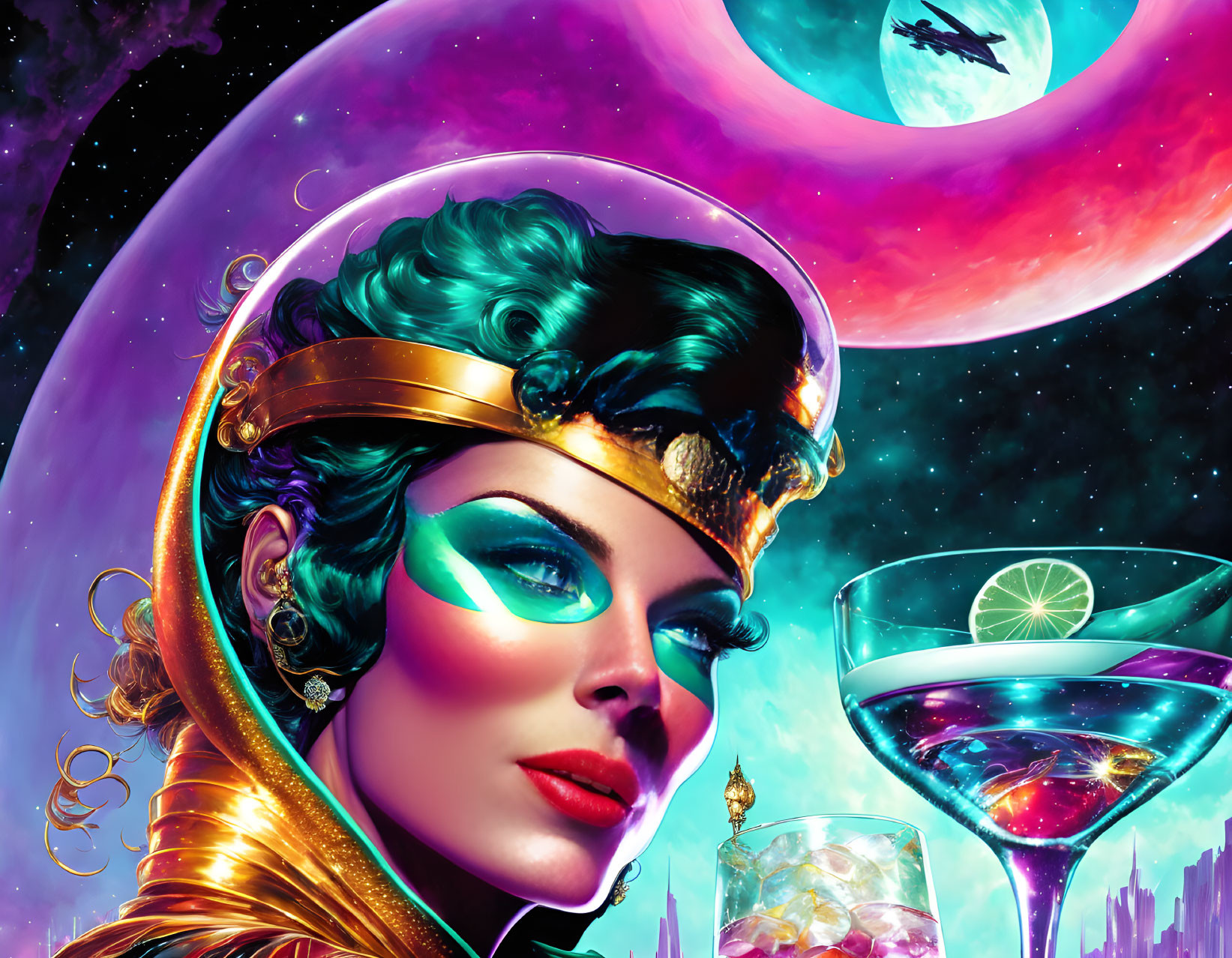 Futuristic helmet worn by glamorous woman with cosmic background.