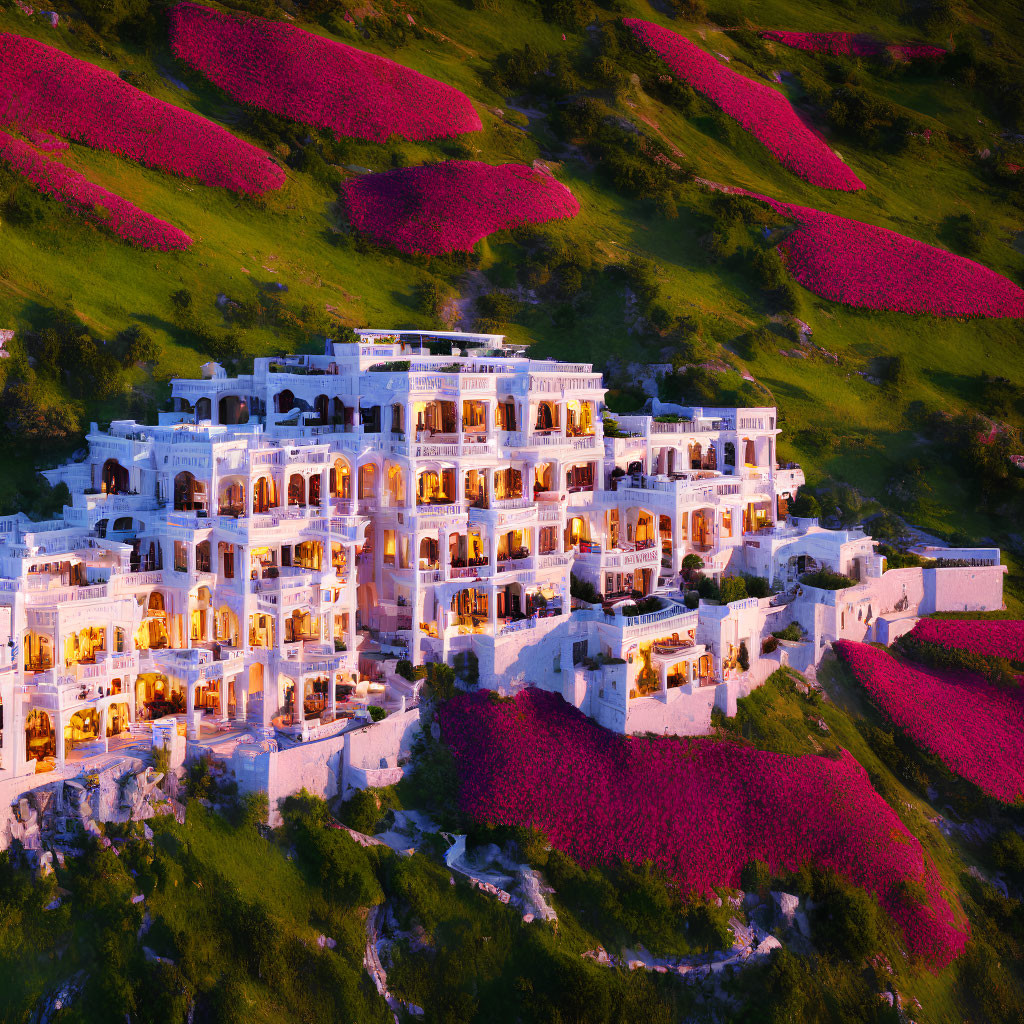 Luxurious multi-level resort on lush hillside with vibrant pink flowering shrubs