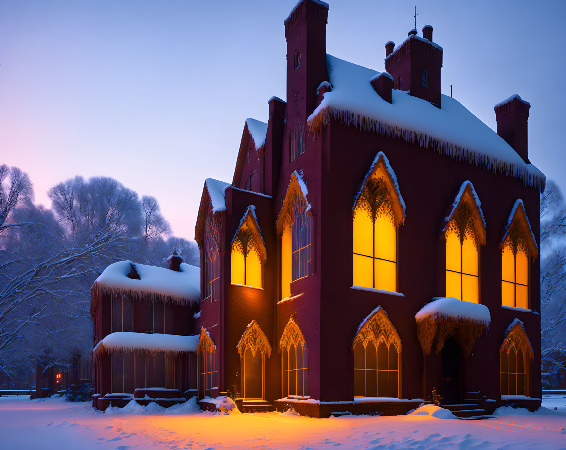 Snow-covered trees and red brick building under twilight sky