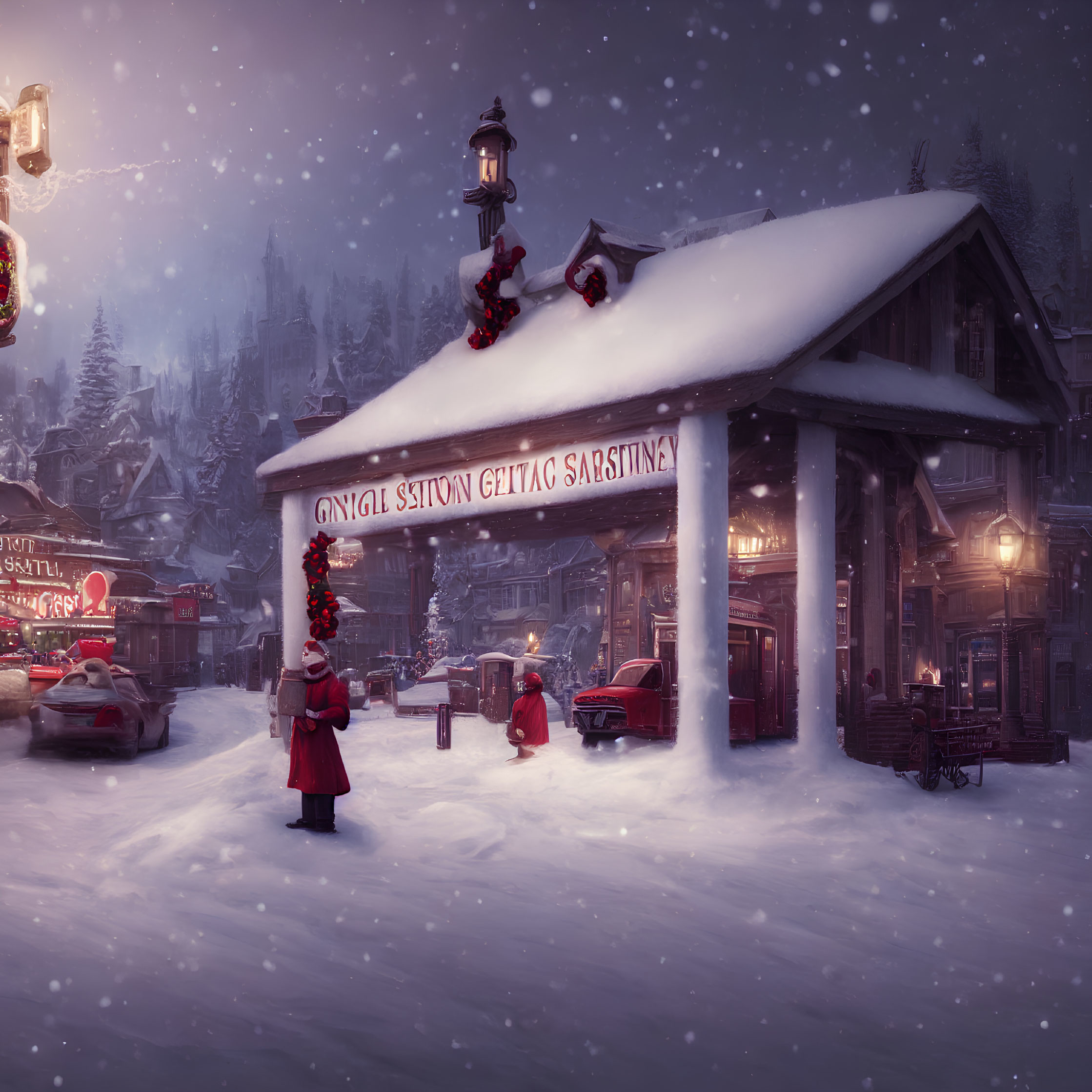 Snowy Twilight Scene: People in Red at Vintage Gas Station with Christmas Decorations