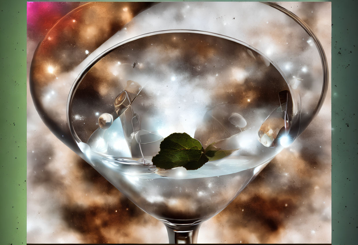 Cosmic-themed martini glass with mint leaf and swirling galaxy patterns