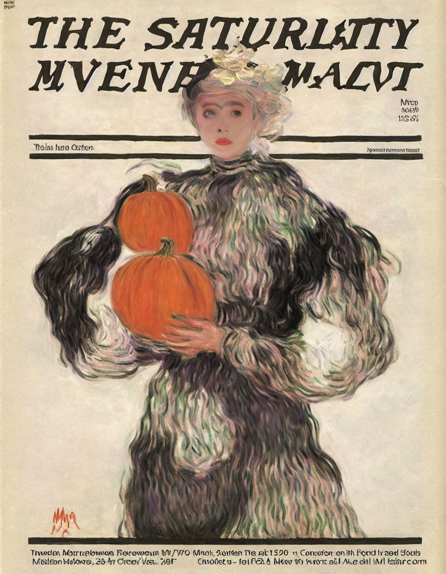 Impressionist painting of woman with pumpkins and Cyrillic text