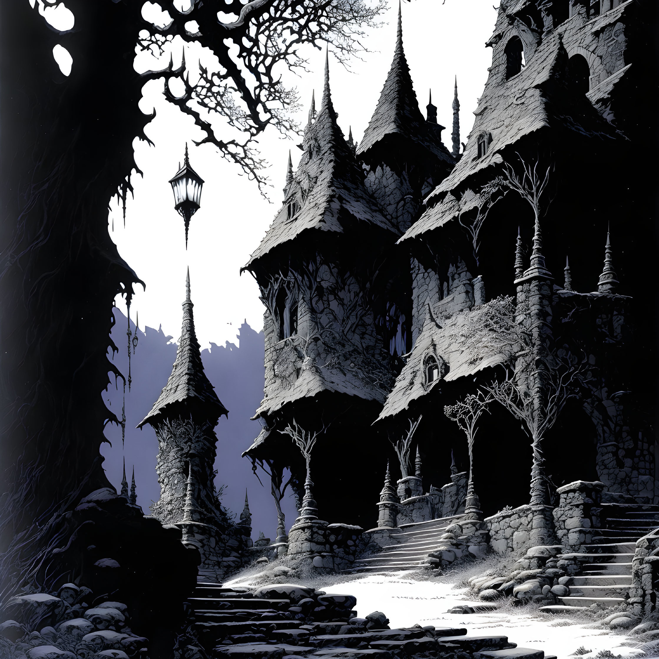 Dark forest setting with Gothic-style castle and lantern-lit staircase