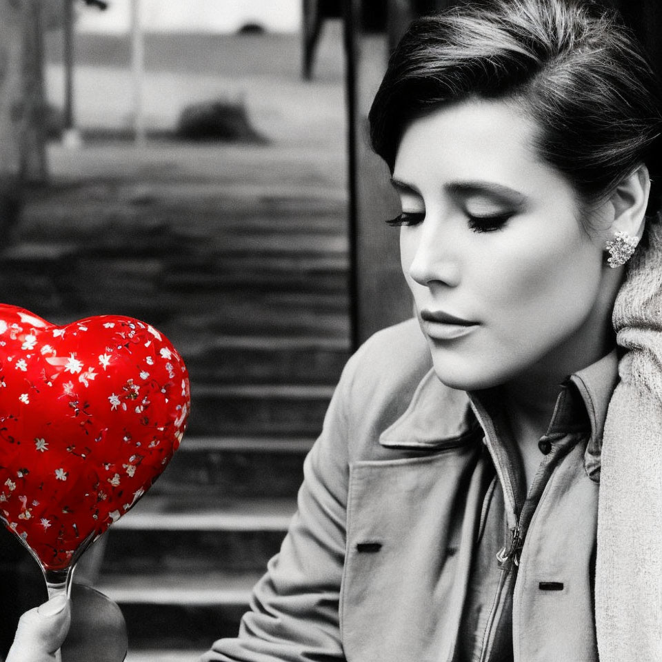 Monochrome photo of woman with red heart balloon outdoors