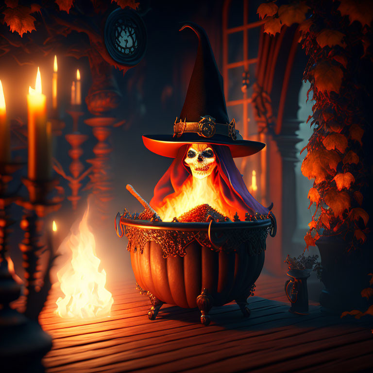 Skeletal figure in witch's hat stirring cauldron in pumpkin with candles and clock.