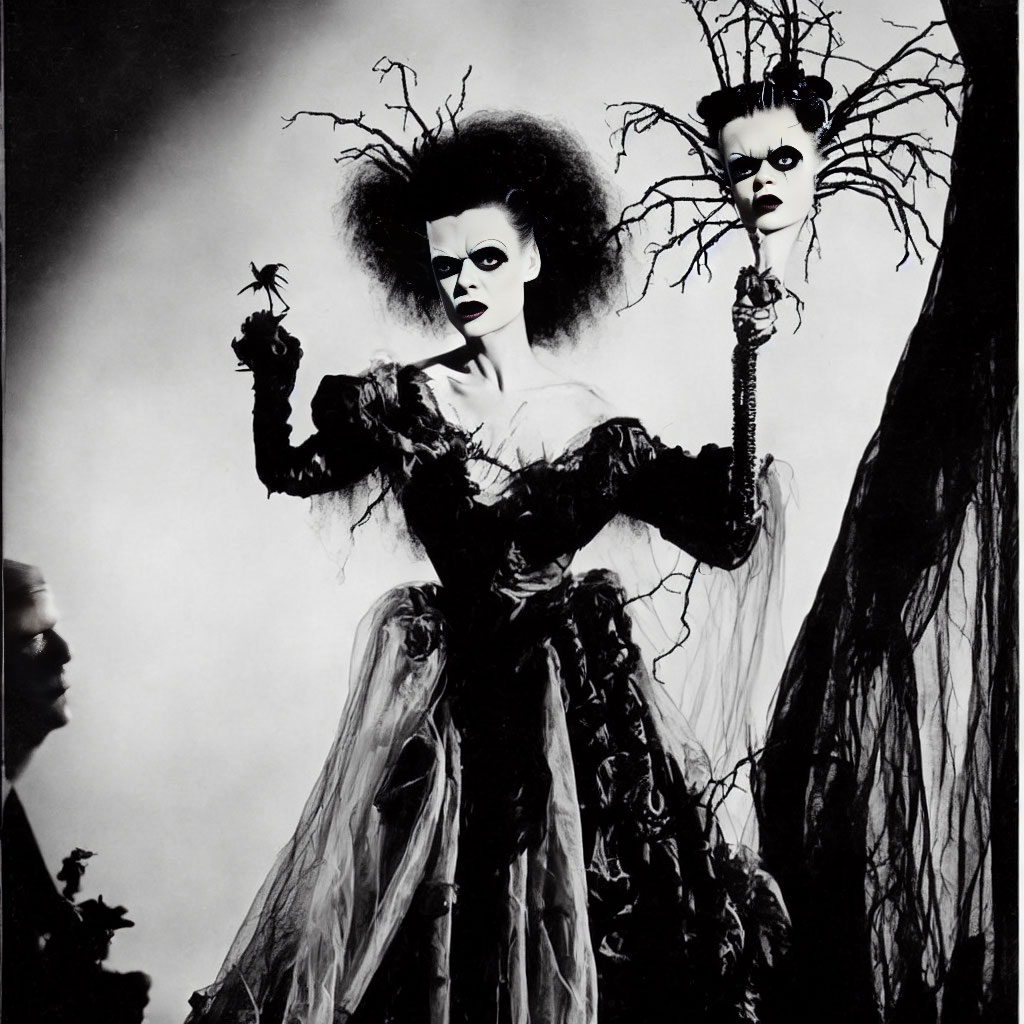 Monochrome image of a person in avant-garde tree costume