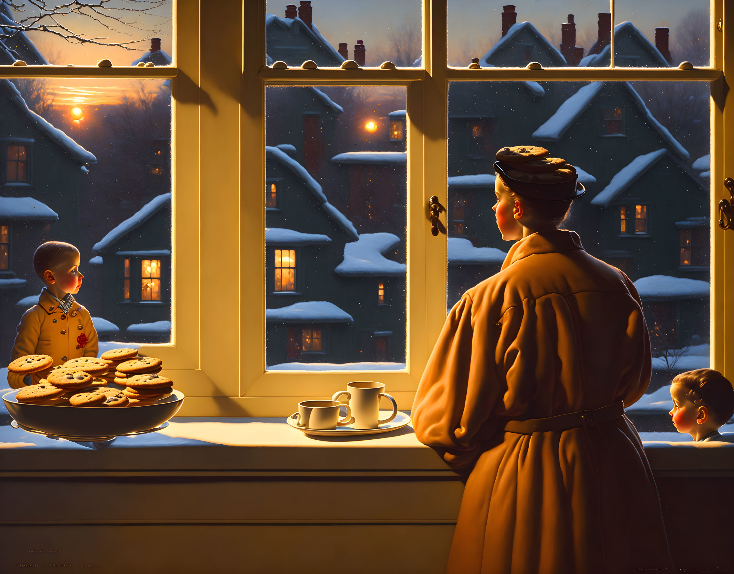 Military person views snowy scene with children and tea.